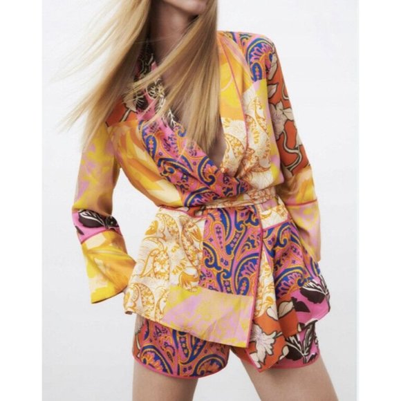 Zara color block belted kimono jacket with pockets silky polyester orange purple - Picture 10 of 10